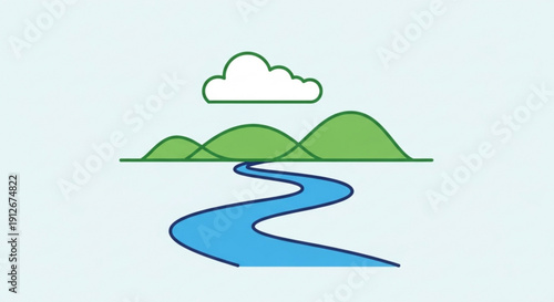 Winding river flowing through green hills under cloudy sky landscape