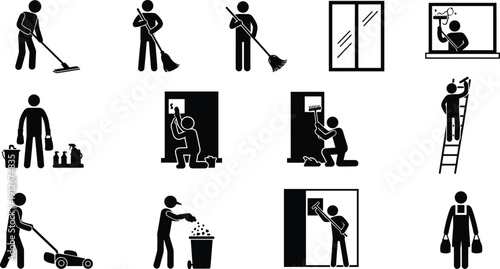Cleaning maintenance pictograms silhouettes, mopping sweeping window washing, lawn mowing, trash disposal, scrubbing painting, household chores illustration concept
