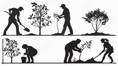 People planting trees and gardening in a minimalistic black silhouette high quality professional detailed modern elegant