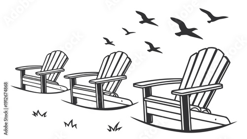 Empty adirondack chairs face a flock of birds in a black and white silhouette high quality