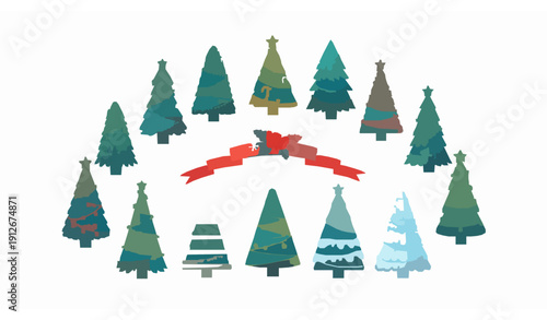 Colorful Christmas tree vector set with festive winter holiday trees collection for print and web design