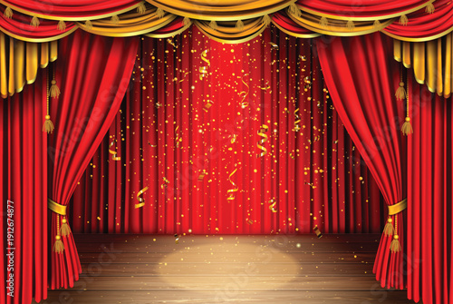 Vibrant vector illustration of an elegant theater stage featuring rich red curtains, golden trim, and sparkling confetti, evoking celebration and performance mood.