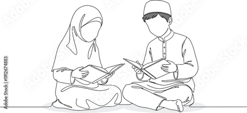 Drawing of muslim mother teach her daughter reading koran inside the mosque. One line art
