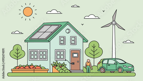 Eco friendly house with solar panels wind turbine and garden featuring a person silhouette high quality