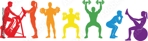 Colorful silhouettes of people exercising, gym workout activities, strength training, cardio fitness, diverse routines, healthy lifestyle illustration concept