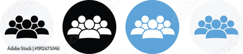 Circular icons with stylized people groups, community team symbols, diverse silhouettes, user interface design, social connection, teamwork illustration concept