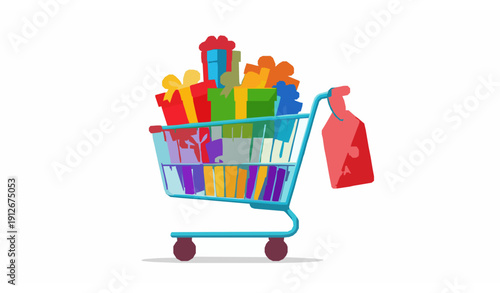 Holiday shopping cart vector with colorful gift boxes and sale tag for festive marketing banners