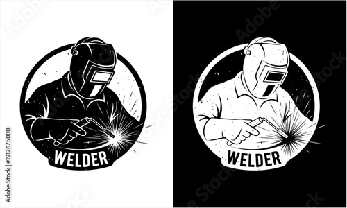 Skilled welder in protective gear creating sparks with welding torch.