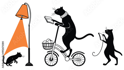 Anthropomorphic cats reading and riding a bicycle illuminated by a lamp a striking silhouette high quality