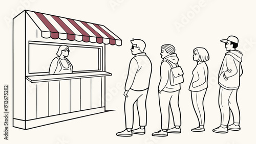 People queuing at a ticket booth or shop illustrated with a distinctive silhouette high quality professional