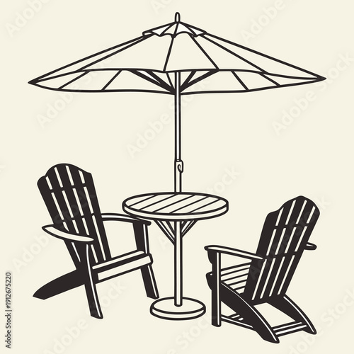 Outdoor patio furniture set including chairs table and umbrella in a dark silhouette high quality professional
