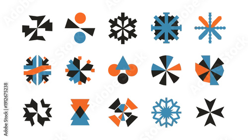 abstract geometric patterns modern snowflake starburst icons in black blue orange for graphic design branding.