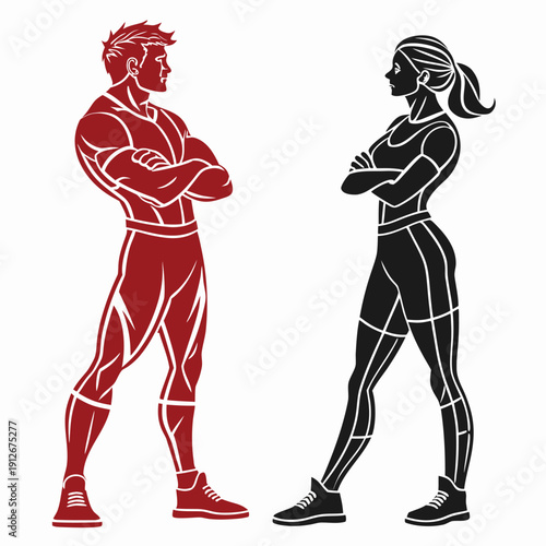 A muscular man and woman facing each other depicted in striking color and form silhouette