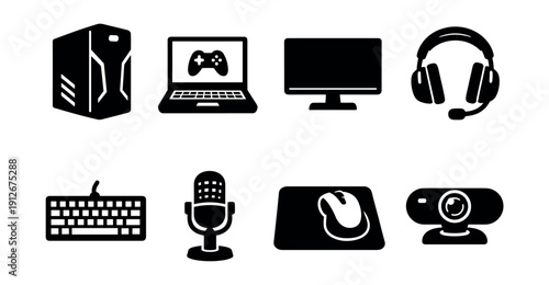 Technology and gaming monochromatic icons set