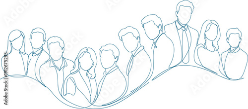 Continuous line drawing of business team silhouettes, professional group unity, corporate collaboration, teamwork illustration, minimalist design concept