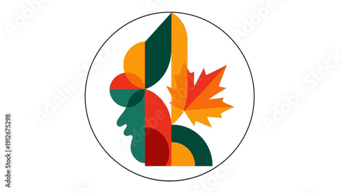 abstract geometric rooster and maple leaf logo in vibrant autumnal colors ideal for canadian harvest and fall season branding.