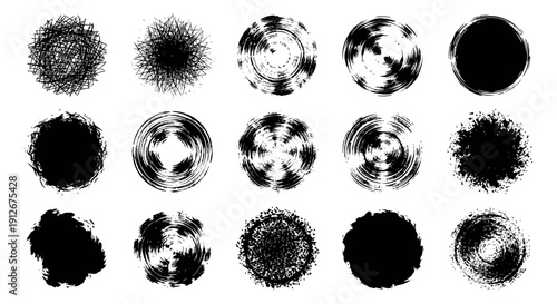 abstract grunge texture shapes distressed circular ink splatters scribbles and brush strokes ideal for design.