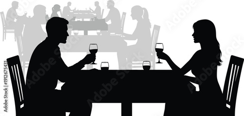 Couples dining silhouettes in restaurant, wine glasses, social interaction, romantic dinner, background crowd, lifestyle illustration, black white artistic concept