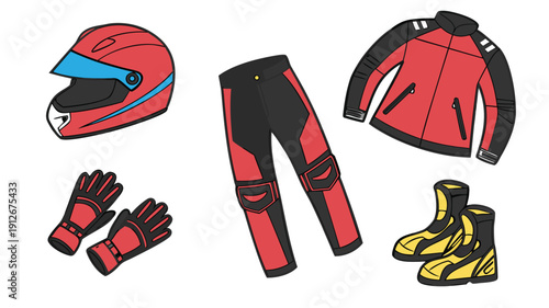 Motorcycle gear including helmet jacket pants gloves and boots flat vector silhouette high quality professional detailed