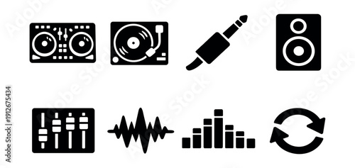 Audio equipment and sound production black icons set