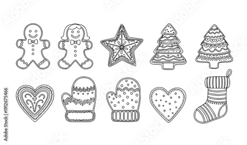Festive New Year gingerbread cookie outline vector set with holiday biscuit characters line art clipart