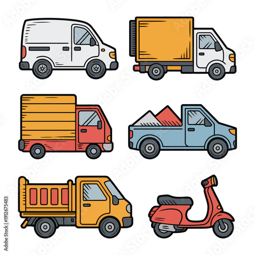 Vehicular Variety: A vibrant illustration showcasing a collection of diverse vehicles, encompassing a delivery van, truck, and scooter, each with unique features.