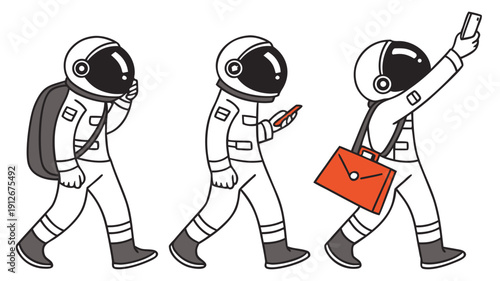 Three astronauts walking with phones and a briefcase a minimalist silhouette high quality professional detailed modern