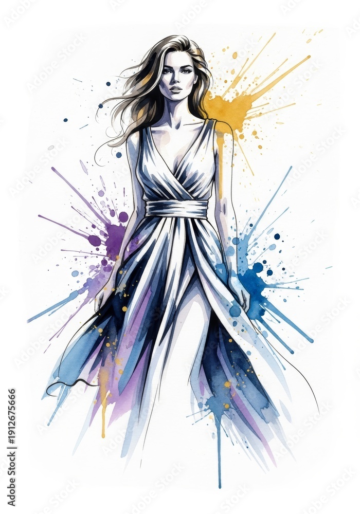 Fototapeta premium Woman in a flowing dress with abstract watercolor splashes. Fashion and art concept for design element.
