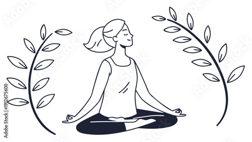 A woman meditating peacefully amidst foliage framed by delicate branches a striking silhouette high quality professional