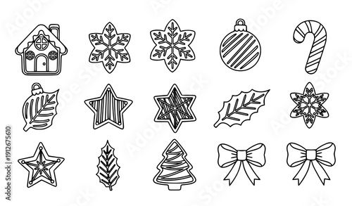 Festive holiday cookie line art vector collection with gingerbread house and Christmas biscuit shapes clipart set
