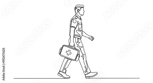 Paramedic Walking with First Aid Kit, Continuous Line Drawing