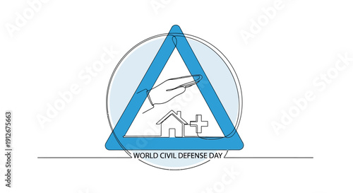 World Civil Defense Day Symbol: Hand Protecting House & Triangle Emblem