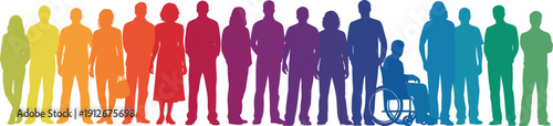 Diverse inclusive community silhouettes, gradient colors, equality representation, people with disabilities, wheelchair figure, unity concept, social diversity illustration art