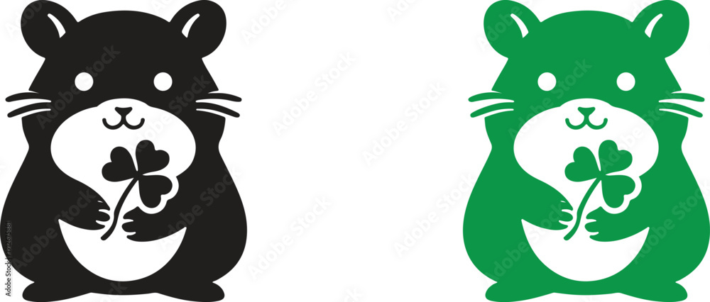 Fototapeta premium Cute hamster holding four leaf clover, lucky animal mascot icon, simple flat vector illustration, minimal cartoon rodent design