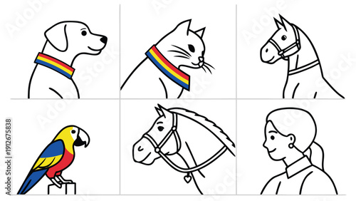 Line art depictions of a dog cat horse parrot and human in a grid silhouette