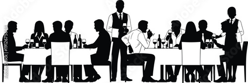 Formal dining silhouettes in restaurant, guests with wine glasses, servers attending, social gathering, hospitality interaction, celebration illustration concept