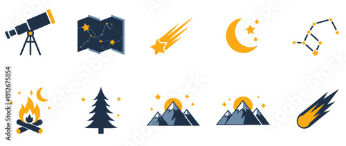 A collection of ten flatdesign icons related to astronomy and camping activities