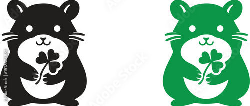 Cute hamster holding four leaf clover, lucky animal mascot icon, simple flat vector illustration, minimal cartoon rodent design