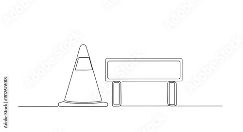 Traffic cone and blank sign, simple line art, safety and information symbol