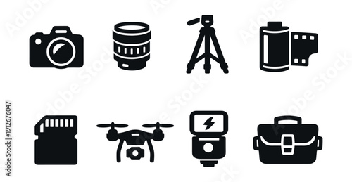 Photography equipment black and white icons set