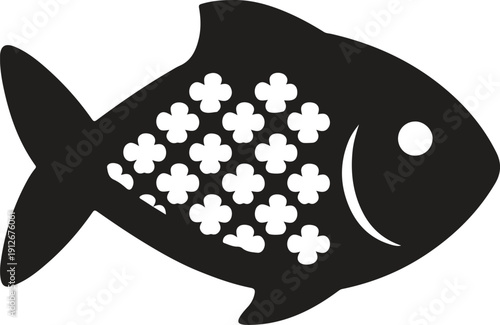 Fish silhouette with four leaf clover pattern, lucky symbol animal icon, minimal flat black vector illustration, decorative aquatic design