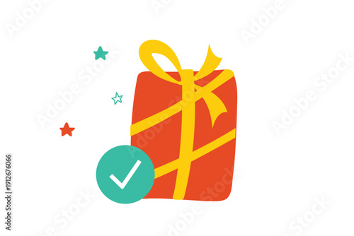  Red gift box with checkmark. Celebration, anniversary, greeting festive present and surprise decoration 