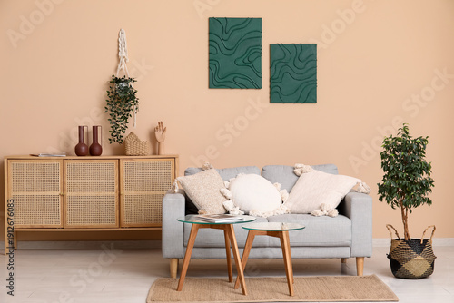 Cozy sofa and coffee tables...