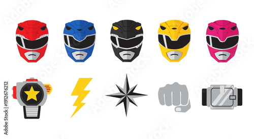 Five stylized Power Rangers helmets above five related icons on white