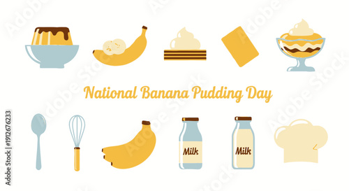 Flat icons related to banana pudding ingredients and cooking utensils