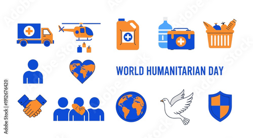 Graphic design illustrating humanitarian aid supplies assistance concepts and WORLD HUMANITARIAN DAY