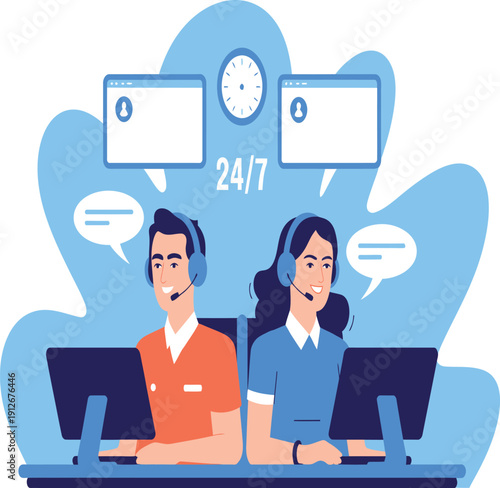 Customer Support Call Center Agents Providing 24/7 Online Assistance and Technical Service
