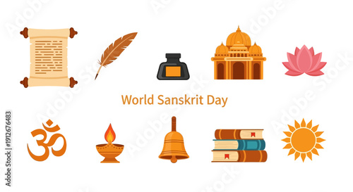 Graphic illustration for World Sanskrit Day featuring cultural and religious icons