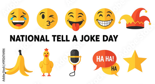 Graphic illustration for National Tell A Joke Day featuring emojis props and text