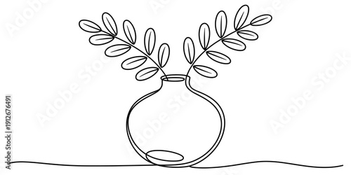 A simple line drawing of a small round vase with two leafy branches inside it on a table. Vector, illustration